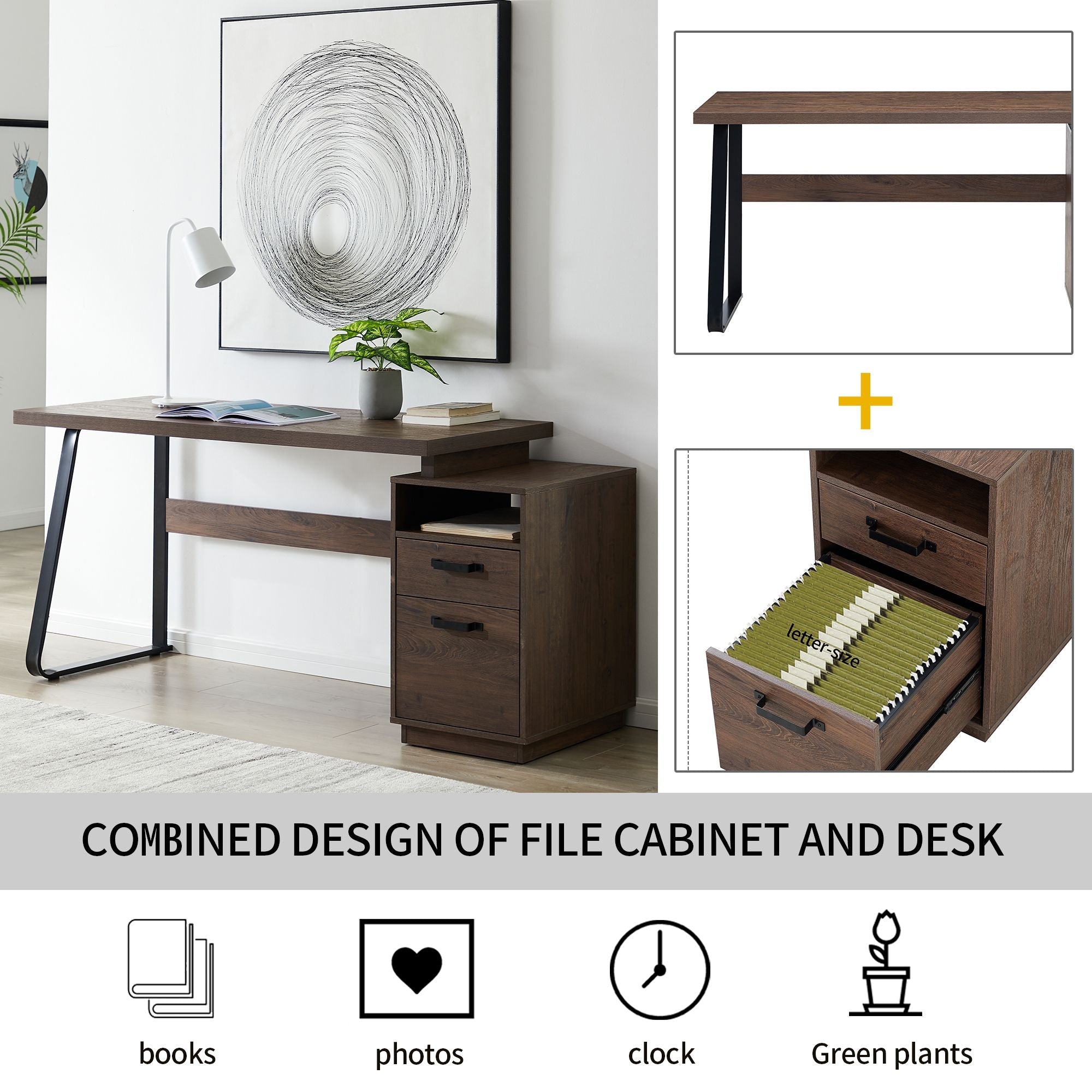Home Office Computer Desk with Drawers/Hanging Letter - size Files, 65 inch Writing Study Table with Drawers - PowerPort Electronics